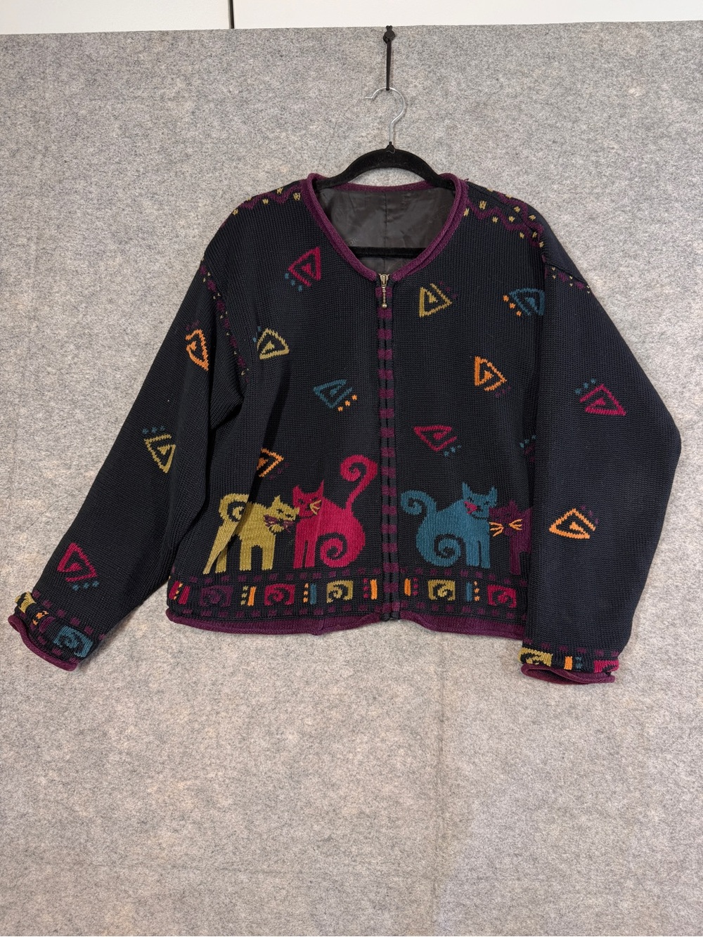 Vintage Cat Print Knit Jacket Black Multicolor Artsy Whimsigoth Cottagecore
